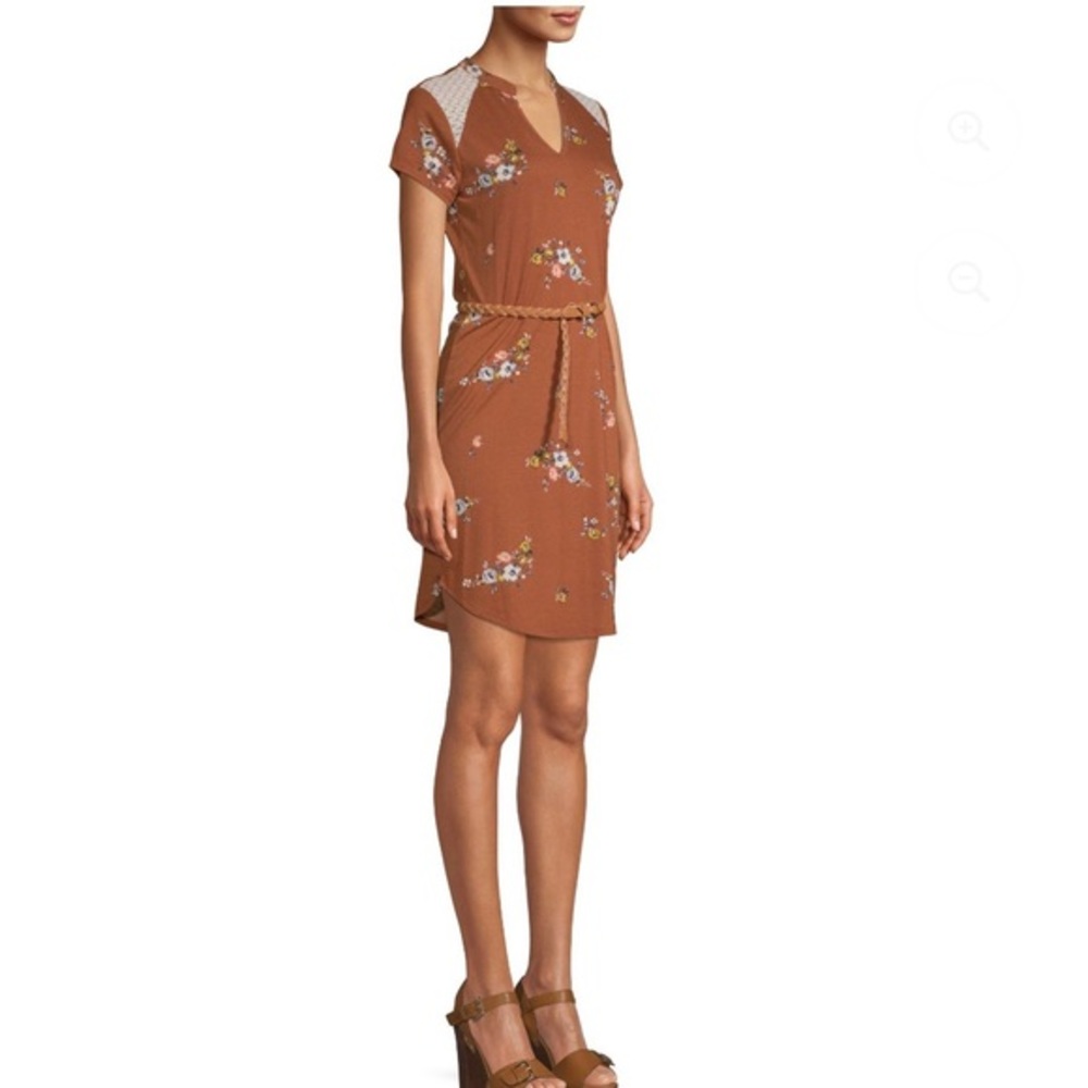 No Boundaries Boho Brown Floral tunic Dress short sleeves belt x-large 15/17 new - Picture 10 of 10